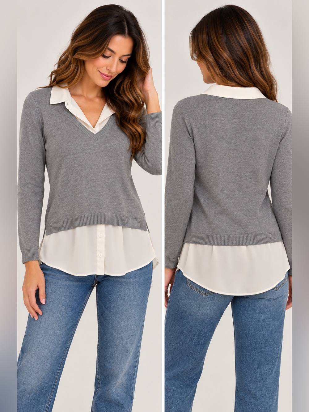 Adrianna Papell V-Neck Twofer Layered Sweater Blouse Gray White Size S